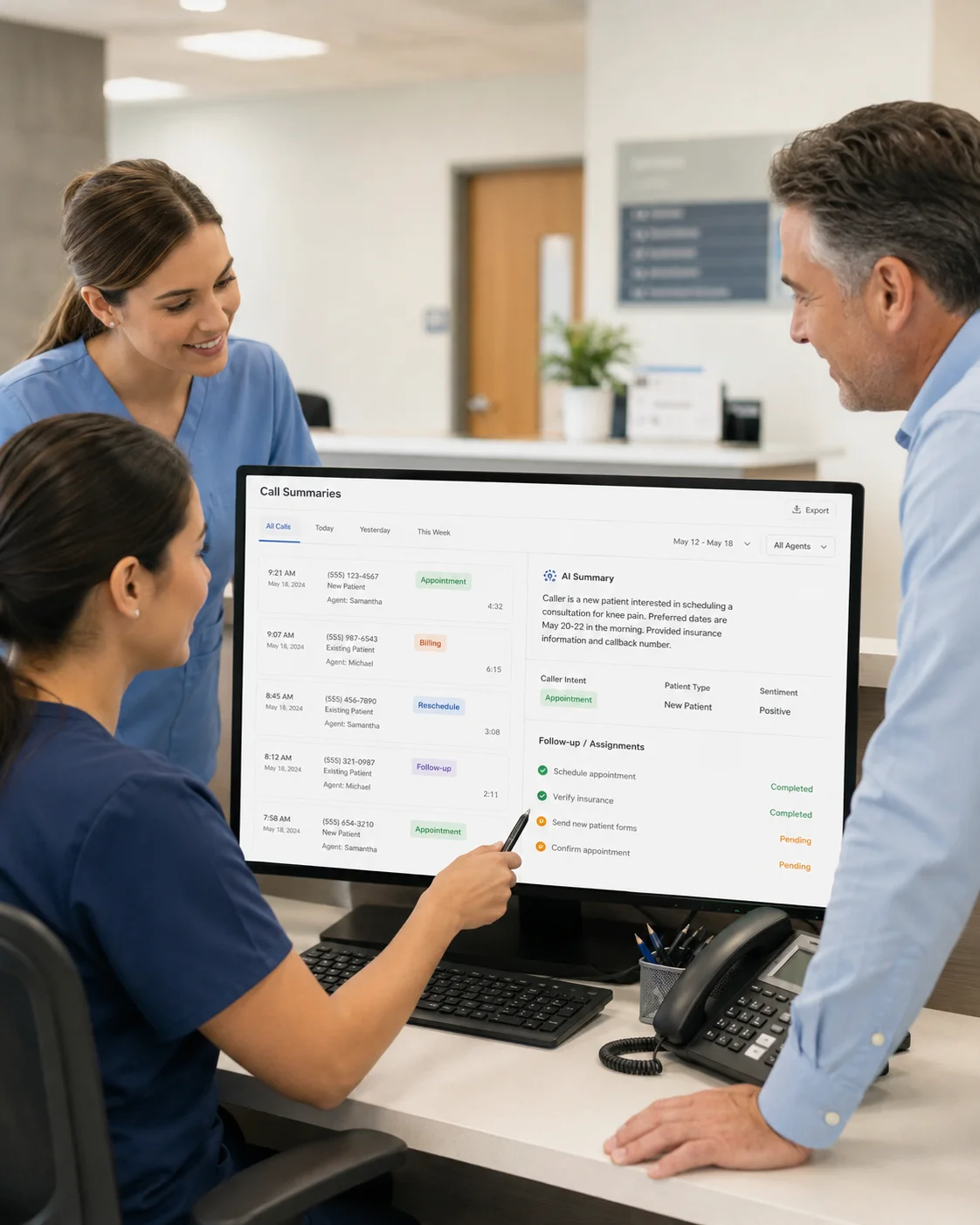 Practice manager reviewing AI call summaries and callback status