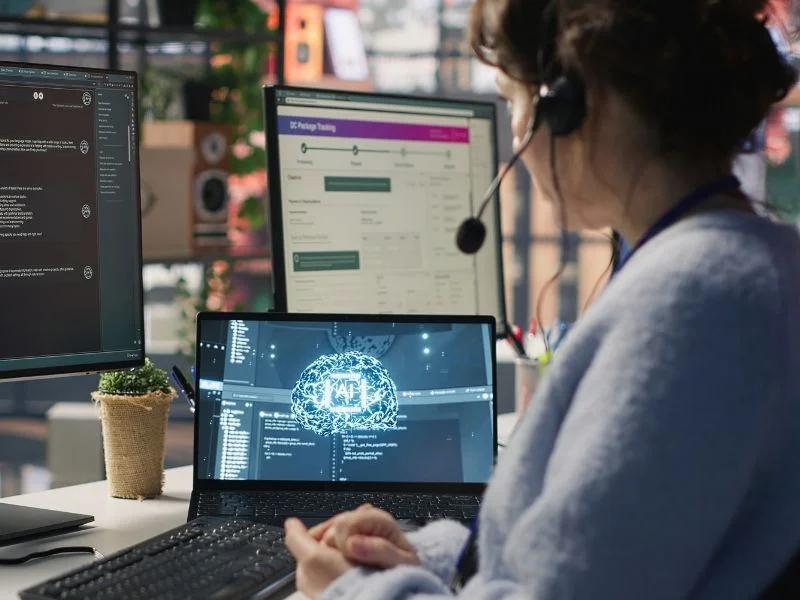 Front-desk agent wearing a headset and handling calls at a computer