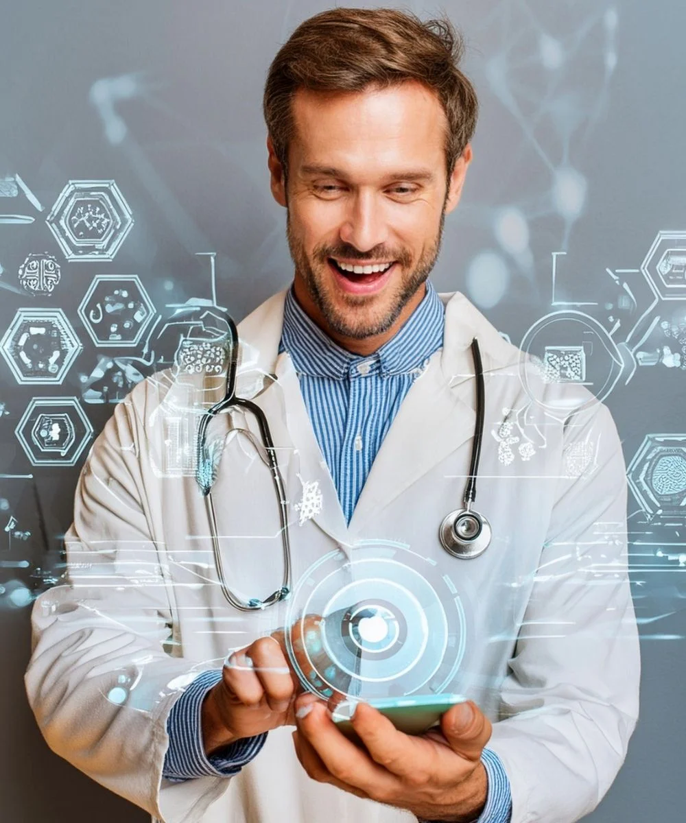 Doctor using a tablet with digital health interface icons