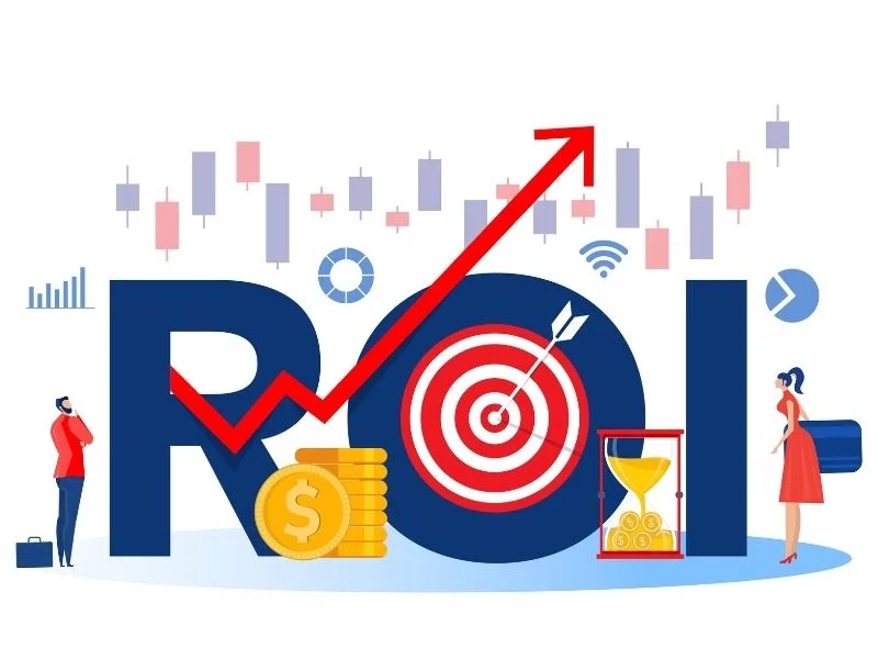 Illustration of return on investment with a rising arrow, target, and coins