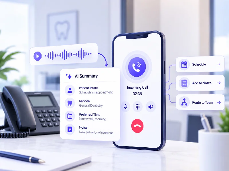 AI call summary showing patient intent, service, and notes next to an incoming call