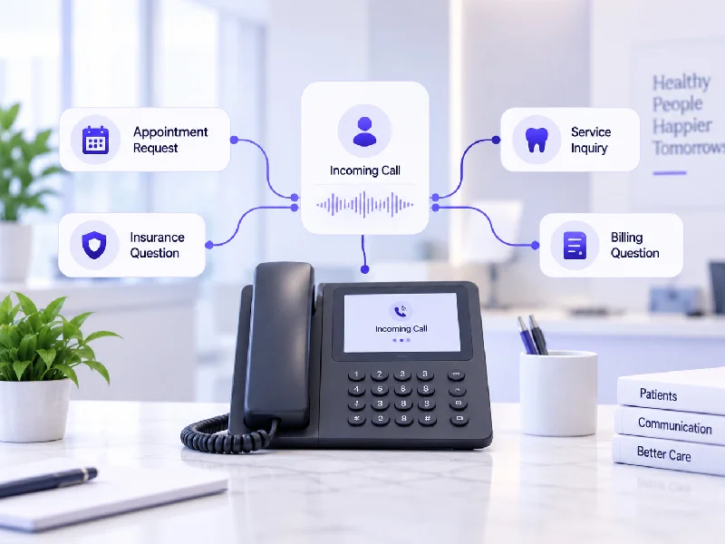 Incoming call routed by intent to appointment, service, insurance, and billing requests