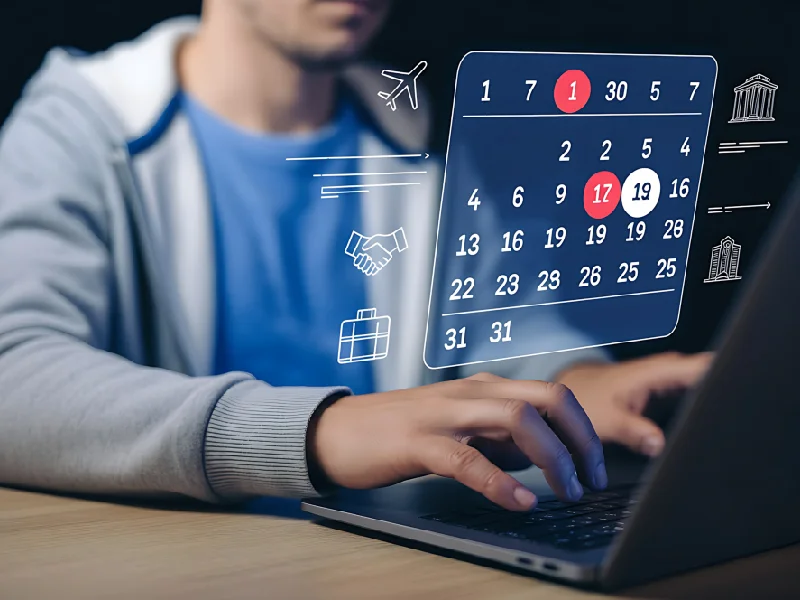 Person using a laptop with a digital appointment calendar overlay