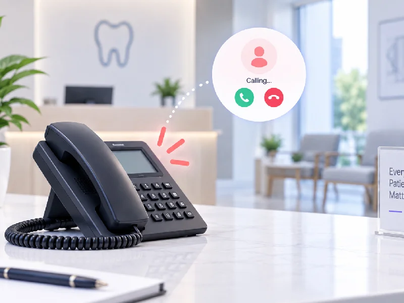 Clinic desk phone showing an incoming patient call notification