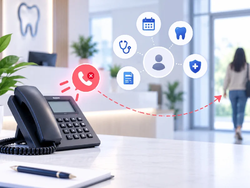 Missed call on a clinic desk phone while a prospective patient walks away