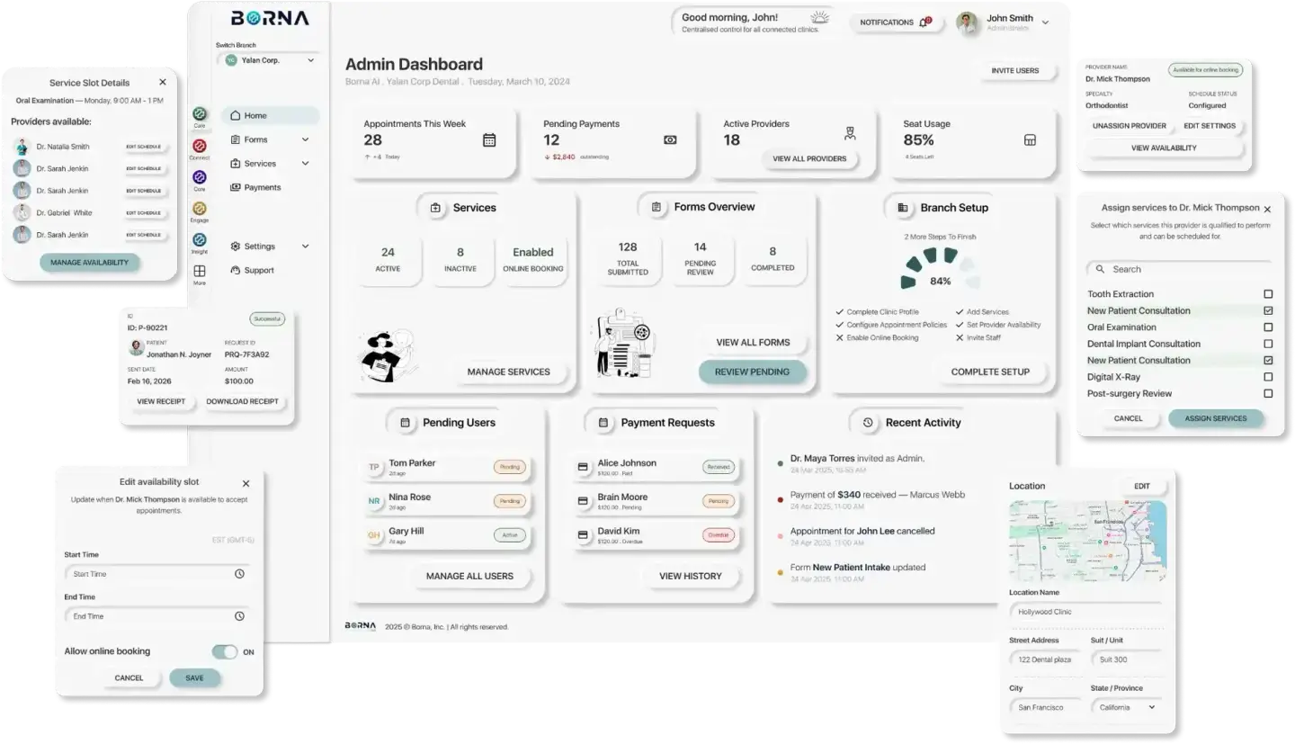 Borna Care platform — admin dashboard, payments, scheduling, forms, and patient management